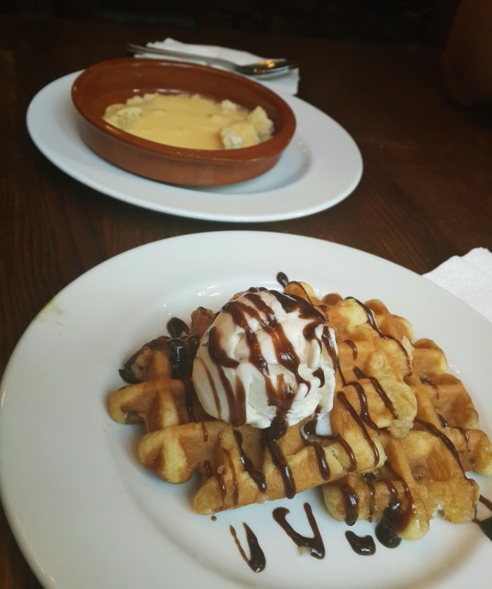 Waffle with Ice Cream and Cake and Custard Crumble